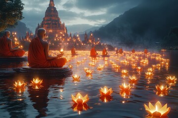 Monks meditate on lake, candles floating, temple backdrop