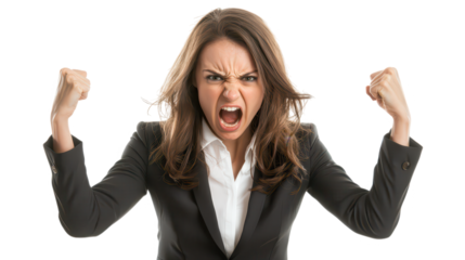 Professional studio setting expressive anger display by businesswoman in emotional portrait