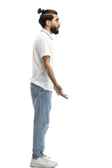 Naklejka premium A man, full-length, on a white background, spreads his arms