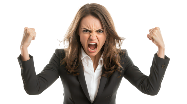 Professional studio setting expressive anger display by businesswoman in emotional portrait