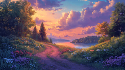 Fototapeta premium Cartoon nature landscape, summer sunset background with dirt road going along forest trees and green fields with flowers to lake under evening sky with fluffy clouds, scenery wood, Vector illustration