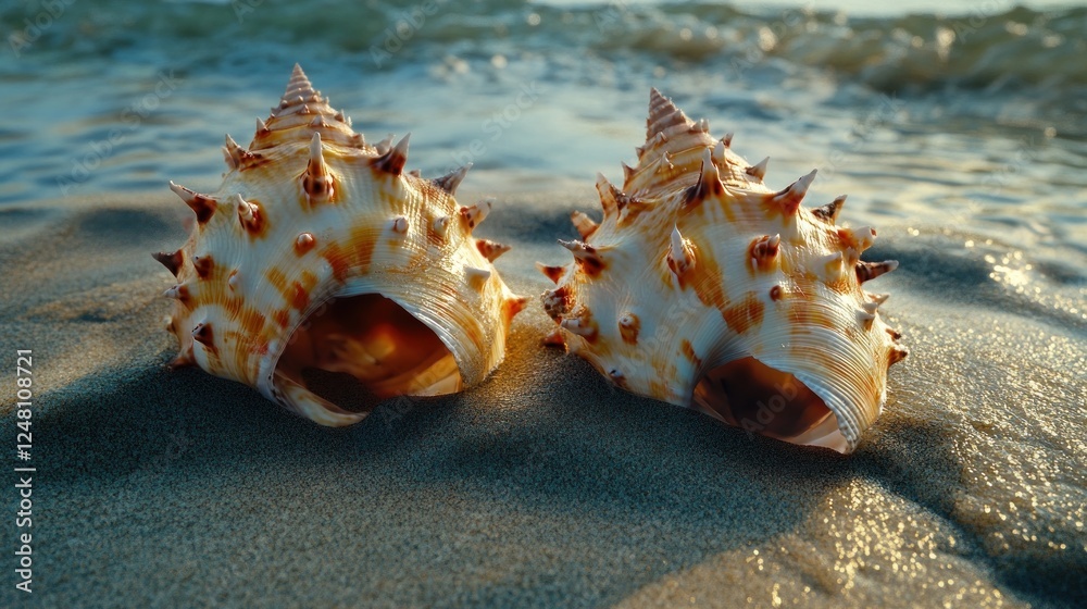 Poster two spiky seashells resting on a sandy beach with gentle waves in the background.