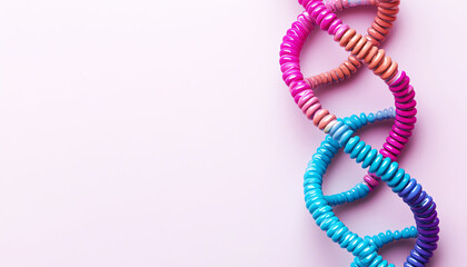 Colorful DNA helix model on pink background, symbolizing genetics and biological research.