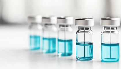 Close-up view of medical vials with blue liquid, arranged in a row, against a soft-focus background.