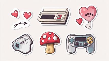Retro 90s game sticker set. Cute cartoon illustration of vintage videogame console and pixel buttons, icons of heart and arrow pointer, mushroom player character with controller. 1990s aesthetic badge