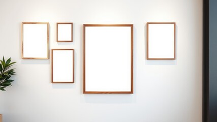 Empty wooden frames on a minimalist white wall, ready for artwork or photographs