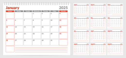 Calendar 2025 planner template. Week start on Sunday. Set of 12 months. Vector illustration