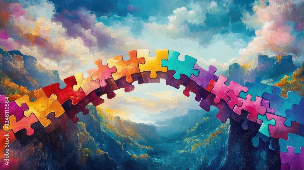 Poster a colorful puzzle bridge connecting across a vibrant landscape, where every piece interlocks perfect