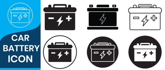 Car battery icon on white background. Automobile accumulator. Charging symbol. Electric vehicle batteries sign. Auto electrical power supply. Simple flat design. 