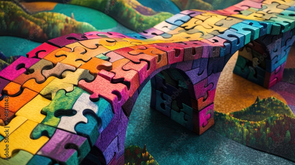 Aufkleber a colorful puzzle bridge spanning a vibrant landscape, symbolizing connection, teamwork, and collabo