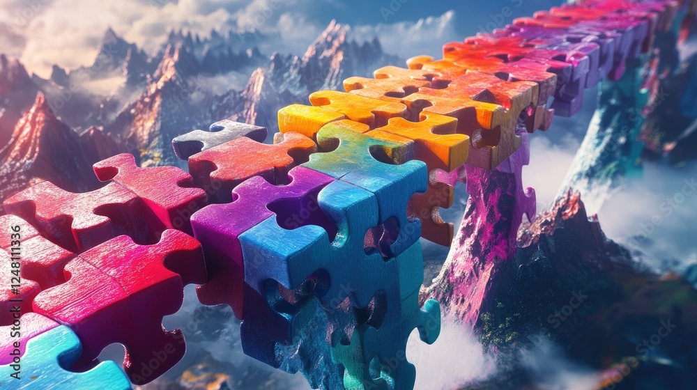 Poster a colorful puzzle bridge stretching across a vibrant landscape, each piece interlocking seamlessly t