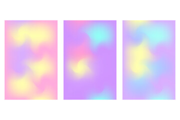 Naklejka premium Abstract iridescent, holographic poster set with smooth blurred gradient texture, glowing liquid wavy forms. Fantasy futuristic fluid background with copy space. Cosmetic technology