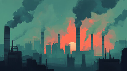 Obraz premium Industrial factory banner. Power station, manufacturing facility or production plant. Vector landing page with isometric manufactory exterior with chimney pipes and smoke clouds