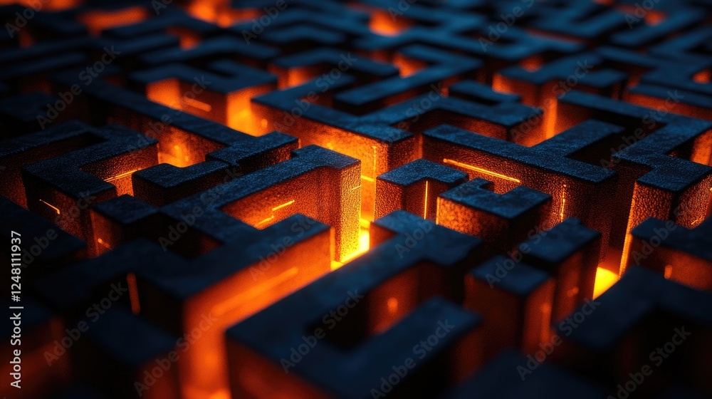 Aufkleber a complex dark maze illuminated by glowing orange paths, symbolizing the process of problem-solving,
