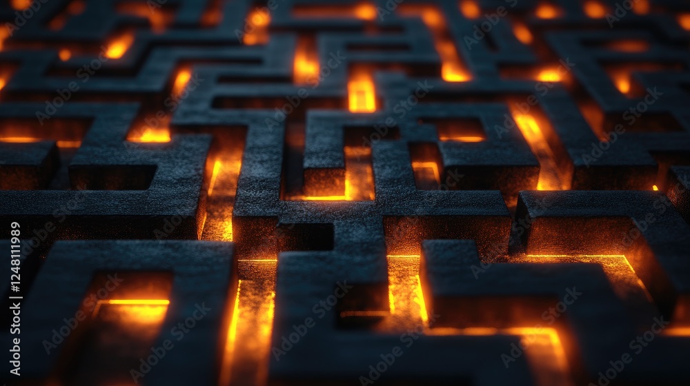 Poster A complex dark maze illuminated by glowing orange paths, symbolizing the process of problem-solving, strategic decisions, and the pursuit of success.