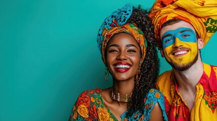 Celebration of world day of cultural diversity with vibrant traditional attire and joyful expressions. Horizontal banner. Copy space. World Population Day