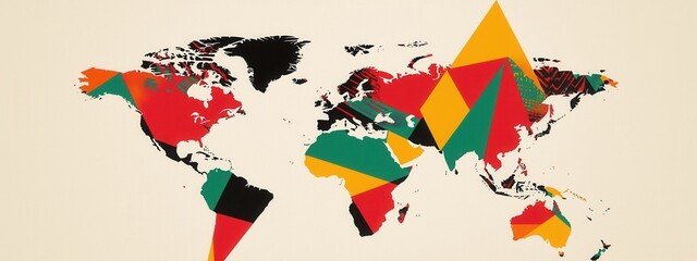 Obraz premium Colorful Artistic World Map with Geometric Patterns and Vibrant Shapes in Black, Red, Green, and Yellow Tones