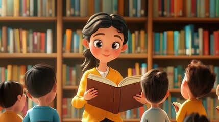 Enchanting Storytime: A heartwarming scene of a teacher captivating a group of children with a story, creating an atmosphere of learning and imagination.