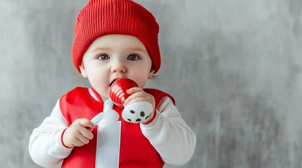 Baby in a sports coach outfit holding a toy whistle, athletic theme and blank text space