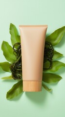 Eco friendly cosmetic packaging mock up with botanical props concept. Natural skincare product on green leaves backdrop