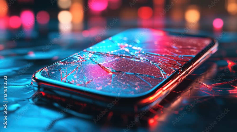 Poster A cracked neon smartphone screen displaying digital glitches, symbolizing technology failure, data corruption, and cyber vulnerabilities in a futuristic setting.