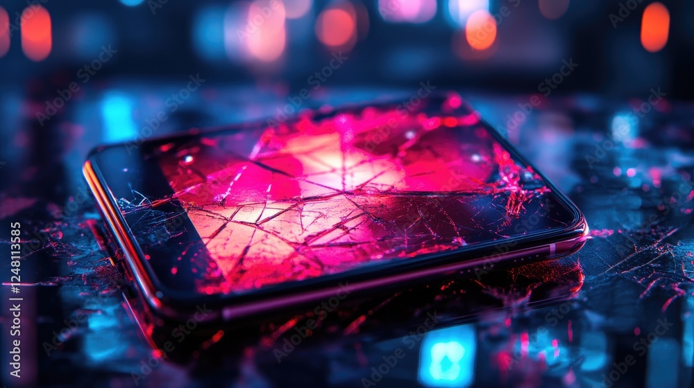 Poster A cracked neon smartphone screen displaying digital glitches, symbolizing technology failure, data corruption, and cyber vulnerabilities in a futuristic setting.