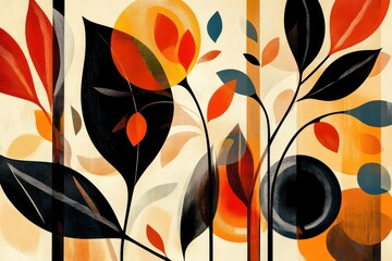 A contemporary tropical design featuring abstract shapes and bold leaf silhouettes in earthy tones, perfect for summer promotions.