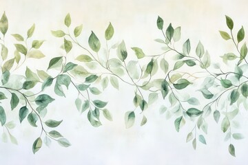 A continuous border of soft green watercolor leaves and twigs, designed for fashion prints or greeting cards.