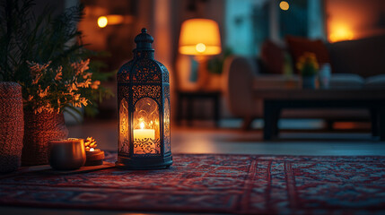 An intimate interior featuring an ornate lantern with a soft glow, soft textiles, and ambient lighting for a cozy atmosphere.