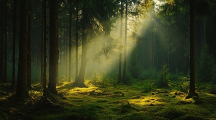Naklejka premium Sunlight Streaming Through the Lush Green Canopy of Trees in a Forest: Nature’s Radiant Beauty