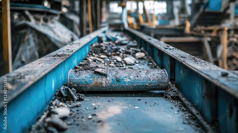 Poster a damaged and worn-out conveyor belt in an industrial environment, with accumulated debris, underlin
