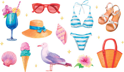 水彩で描いた女性の夏の海のアイテムセット