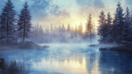 Fototapeta premium Lake Covered with Fog and Tall Pine Trees, mystical and Dramatic Reflection on Winter Season