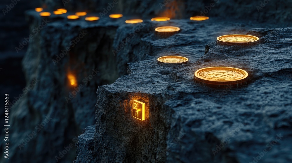 Poster a daring canyon crossing with glowing coins leading to a glowing safe, representing the risk and ult