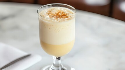 A refreshing cocktail in a glass with foam.