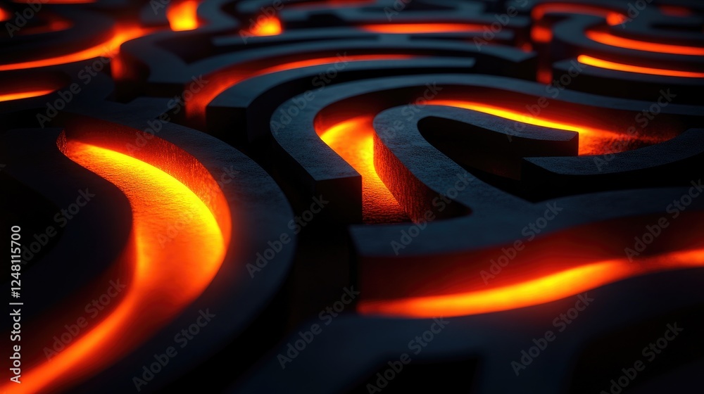 Poster A dark labyrinth with glowing orange light highlighting the solution route, illustrating the metaphor of overcoming challenges and navigating through strategic problem-solving.