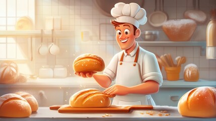 The Baker's Craft: A skilled baker, clad in traditional attire, meticulously crafts fresh loaves of bread in a warm, inviting kitchen. This scene embodies the artistry and passion of artisanal baking.