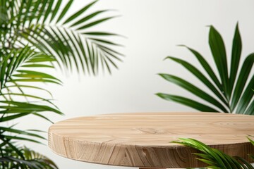 Fototapeta premium Wooden Round Table With Tropical Plants