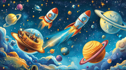 Spaceship posters with rockets flying above alien planet surface. Vector banners of spacecrafts with cartoon illustration of galaxy background with stars, planets and shuttles