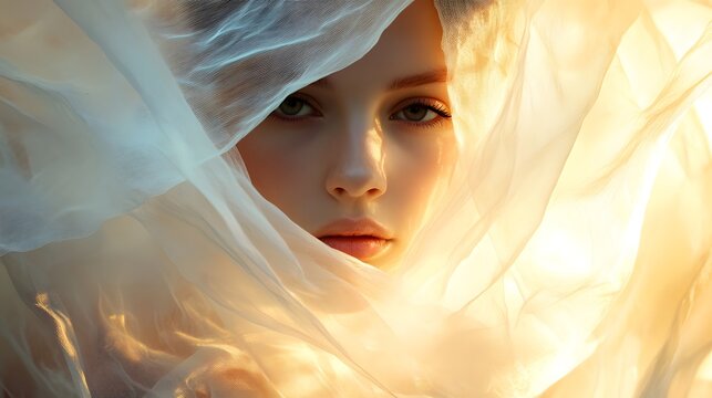 Womans face veiled in flowing sheer fabric