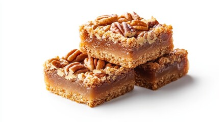 Maple pecan bar with a bite taken out, inviting dessert presentation, detailed crumb texture, syrup sheen, isolated on white background