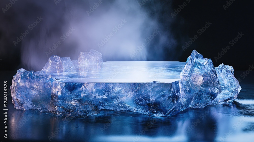 Poster a dazzling crystalized ice podium with sapphire accents, offering an empty space for high-end produc