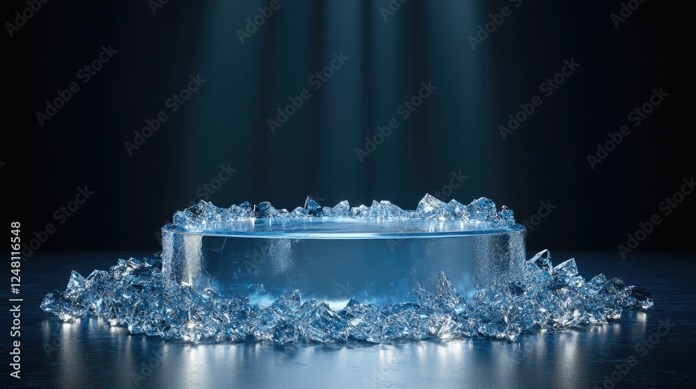Poster a dazzling crystalized ice podium with sapphire accents, offering an empty space for high-end produc