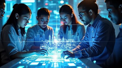 Tech Team Collaboration: A diverse team of young, innovative tech professionals collaborates on a futuristic digital project, their faces illuminated by the glow of a high-tech interface. - Powered by Adobe