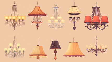 Modern ceiling lamps, stylish pendant electric lights for home or office interior. Vector cartoon set of hanging illumination accessory, chandeliers with lampshades isolated on background