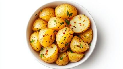 Modern take on scalloped potatoes in a minimalist white bowl, top-down shot, finely baked with a hint of garlic, perfect for Thanksgiving spreads, isolated on white background