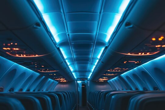 A modern airplane cabin with sleek overhead compartments and blue ambient lighting.