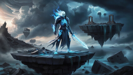 Glowing Skeleton Warrior, Fantasy Landscape