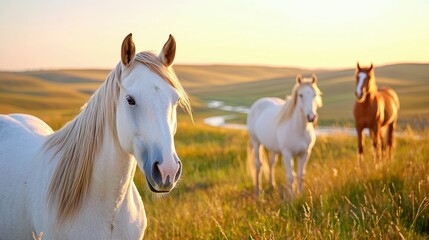 Obraz premium Beautiful horses grazing in a sunlit meadow