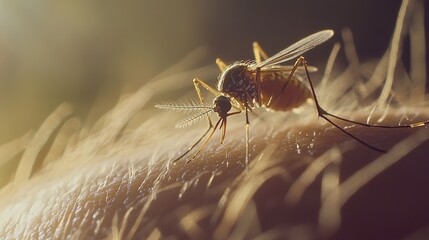 Aedes Aegypti Mosquito on Human Skin: Zika, Dengue, Chikungunya, Mayaro, Yellow Fever Transmission